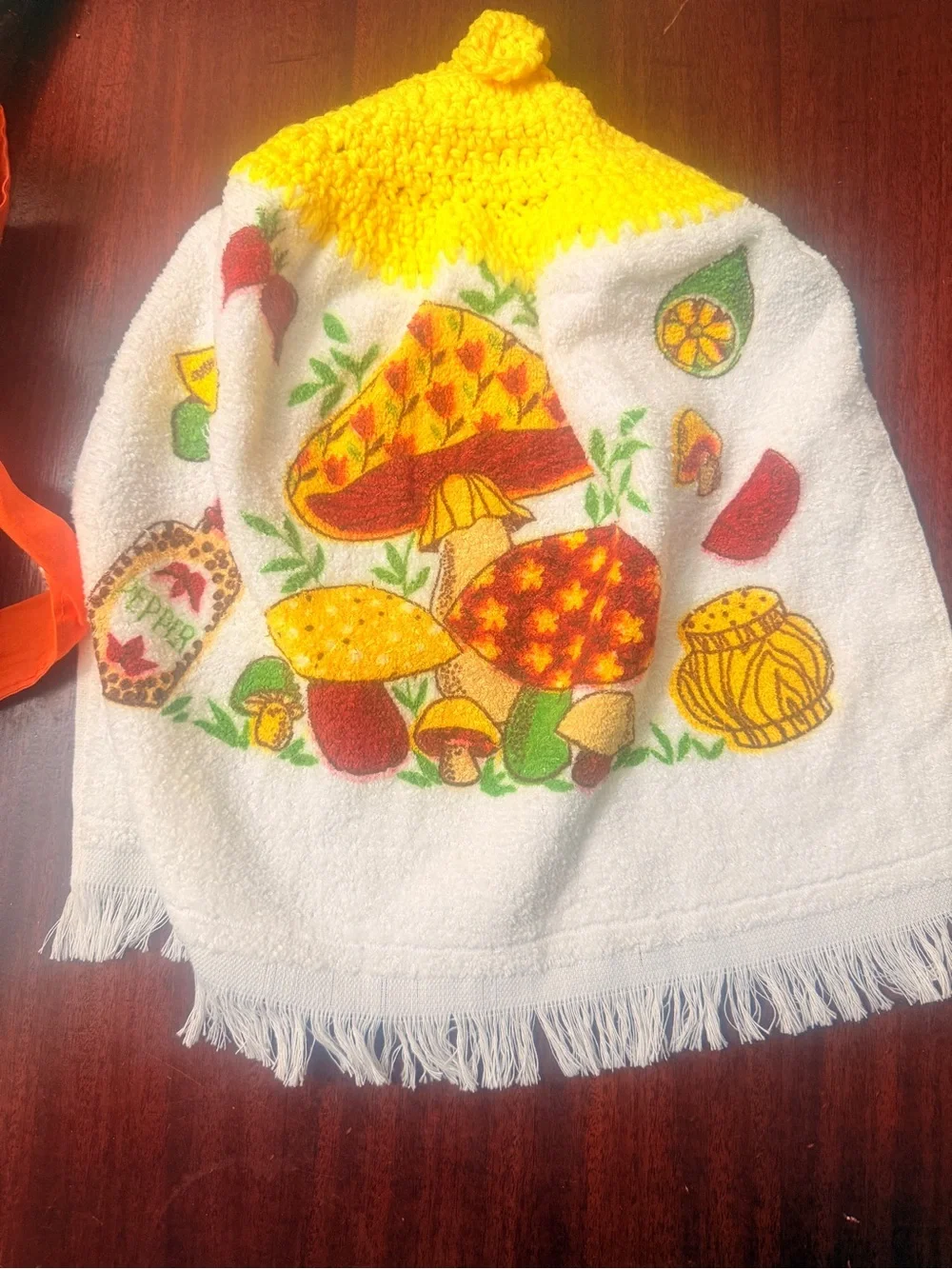 3pc SET VTG 1970s Mushroom Towel Apron‎ Kitchen Towel Yellow Crochet Top Towel